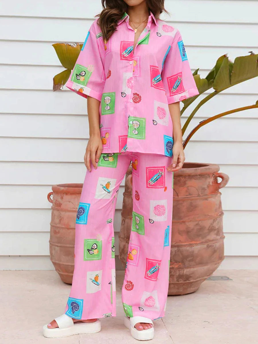Conjunto Boho 2 Peças Estampas Digitais Blusa Manga Curta Calças Largas - Penélope Cruz
