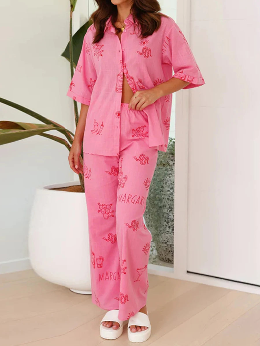 Conjunto feminino calça e camisa estampa digital rosa