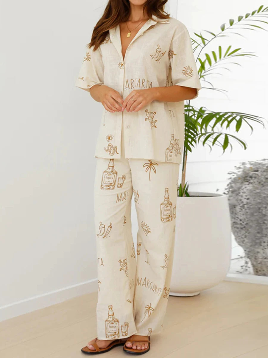 Conjunto Boho 2 Peças Estampas Digitais Blusa Manga Curta Calças Largas - Penélope Cruz