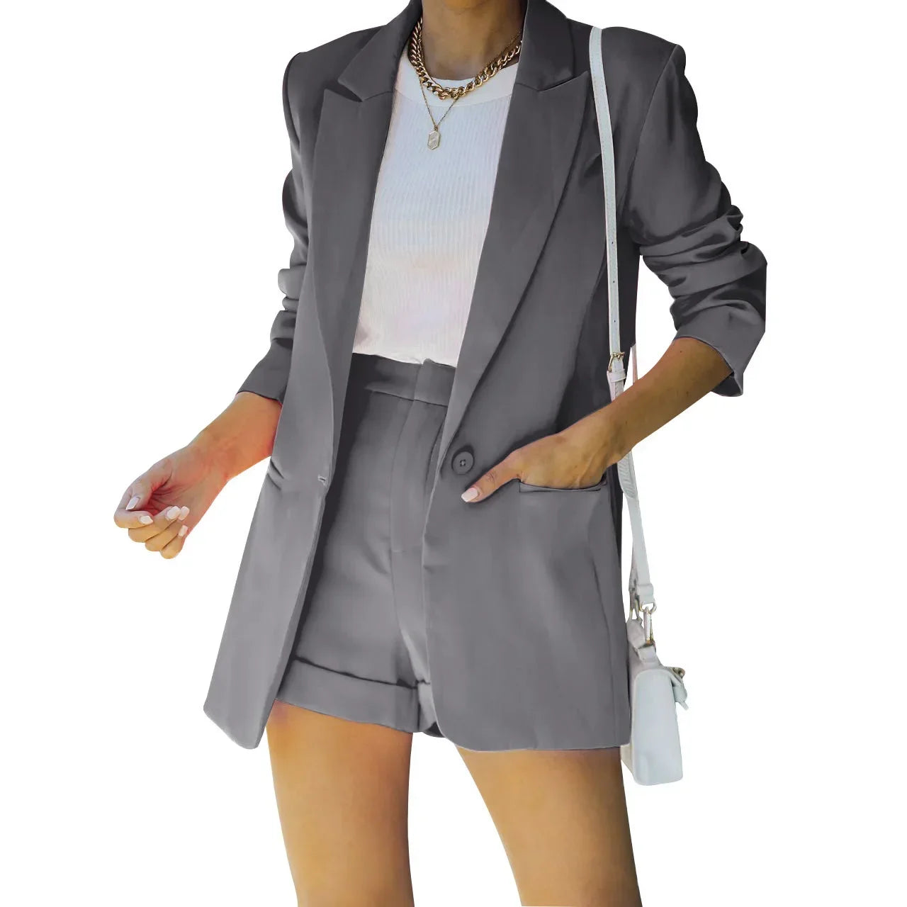 conjunto feminino bleizer shorts cinza
