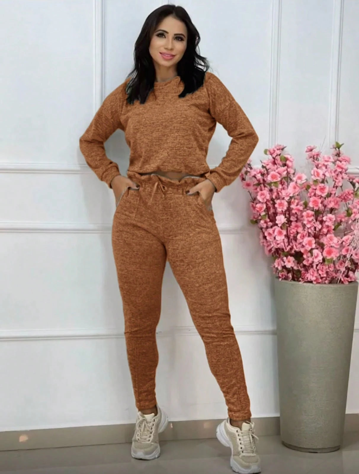 Conjunto Cropped Manga Longa e Calça Lãzinha Inverno 2025
