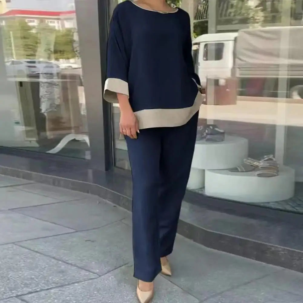 Conjunto de calças femininas com gola redonda e perna larga, mangas três quartos, blusa casual solta, top alto, 2 peças por conjunto