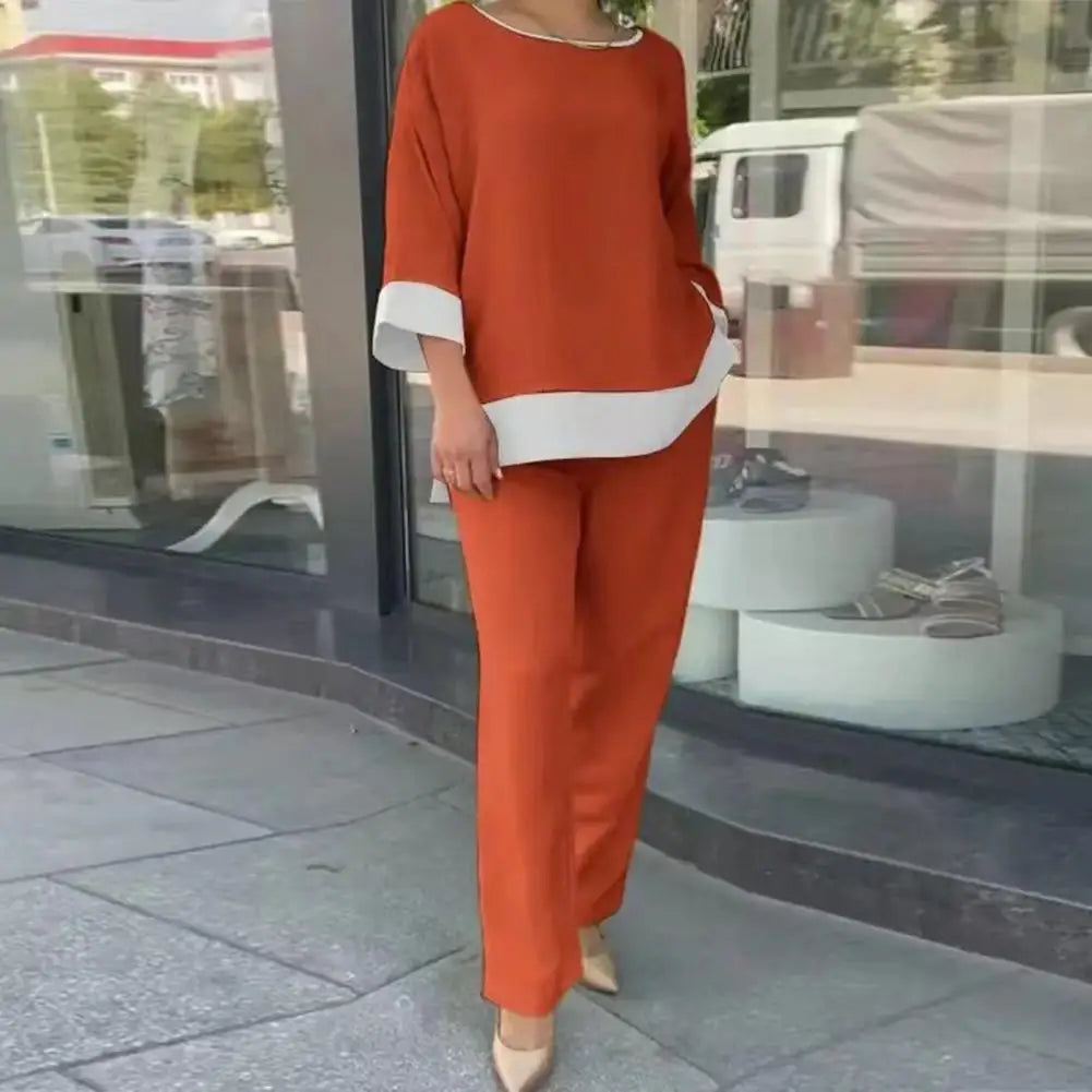 Conjunto de calças femininas com gola redonda e perna larga, mangas três quartos, blusa casual solta, top alto, 2 peças por conjunto