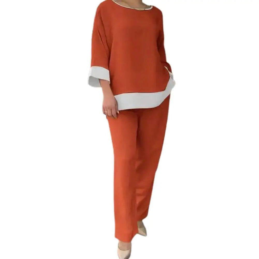 Conjunto de calças femininas com gola redonda e perna larga, mangas três quartos, blusa casual solta, top alto, 2 peças por conjunto