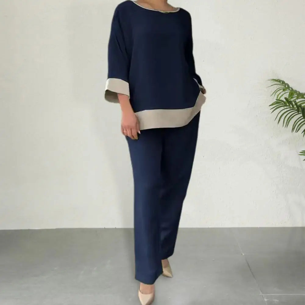 Conjunto de calças femininas com gola redonda e perna larga, mangas três quartos, blusa casual solta, top alto, 2 peças por conjunto