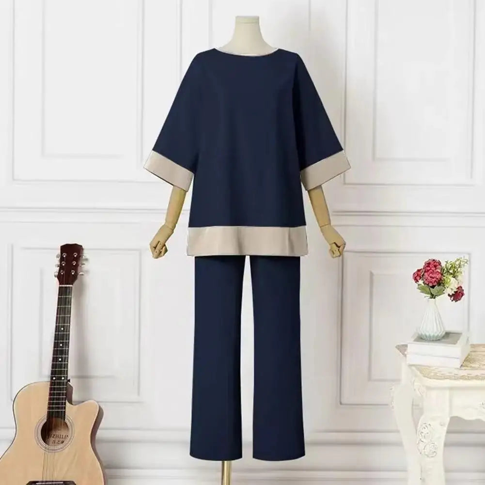 Conjunto de calças femininas com gola redonda e perna larga, mangas três quartos, blusa casual solta, top alto, 2 peças por conjunto