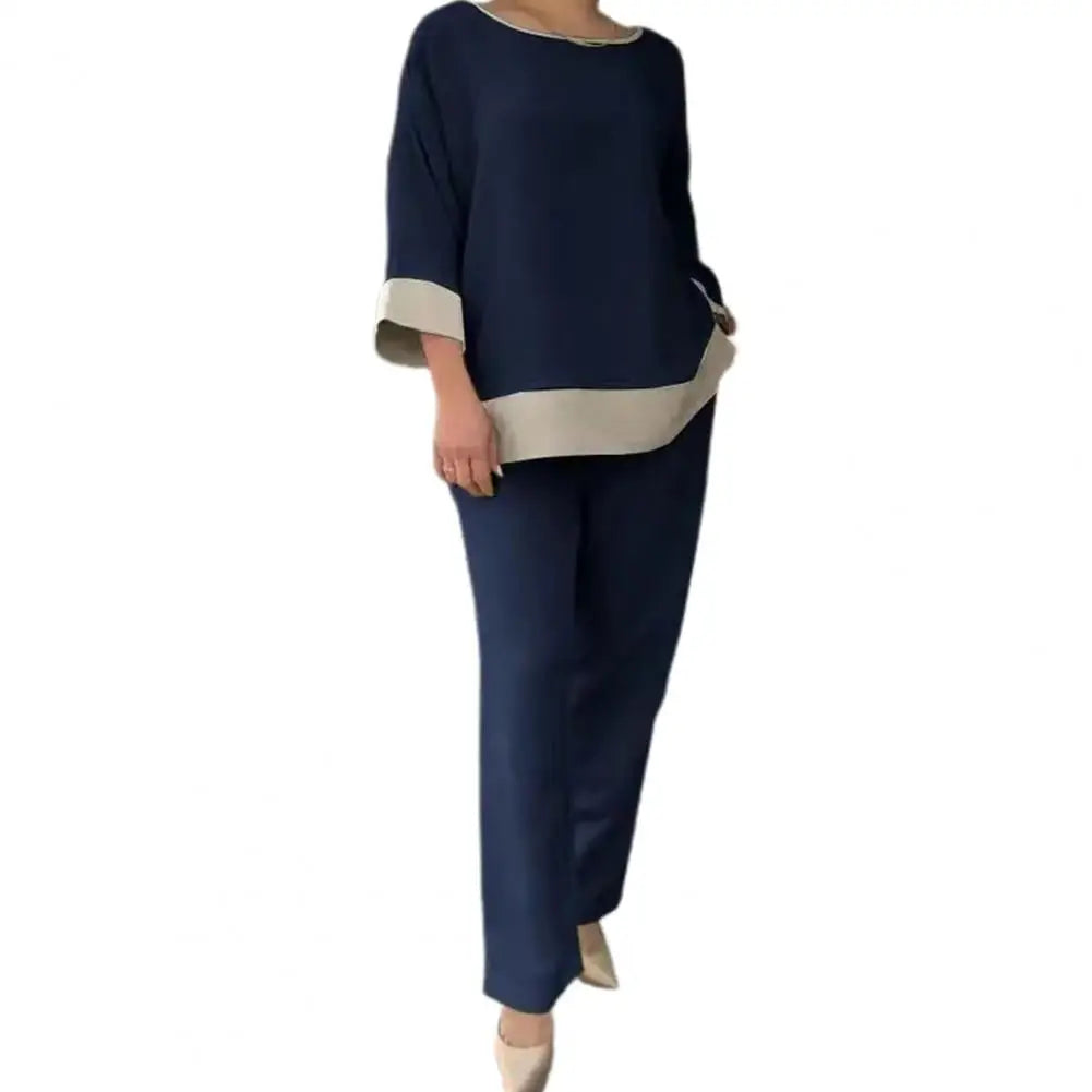 Conjunto de calças femininas com gola redonda e perna larga, mangas três quartos, blusa casual solta, top alto, 2 peças por conjunto