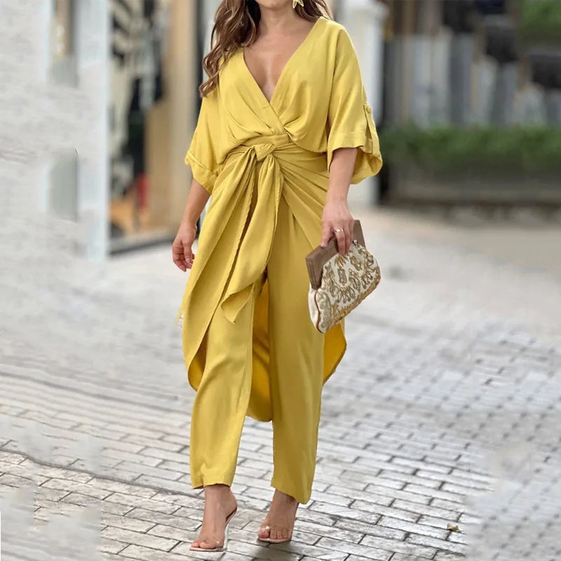Conjunto Feminino Blusa com Decote em V Calça e  Elegante - Doris
