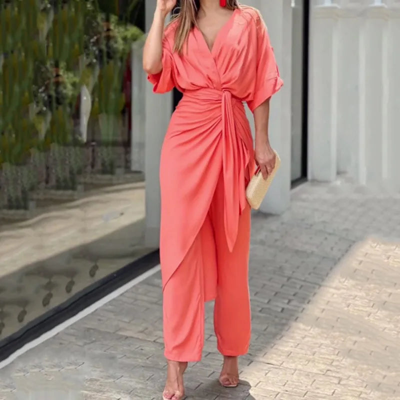 Conjunto Feminino Blusa com Decote em V Calça e  Elegante - Doris
