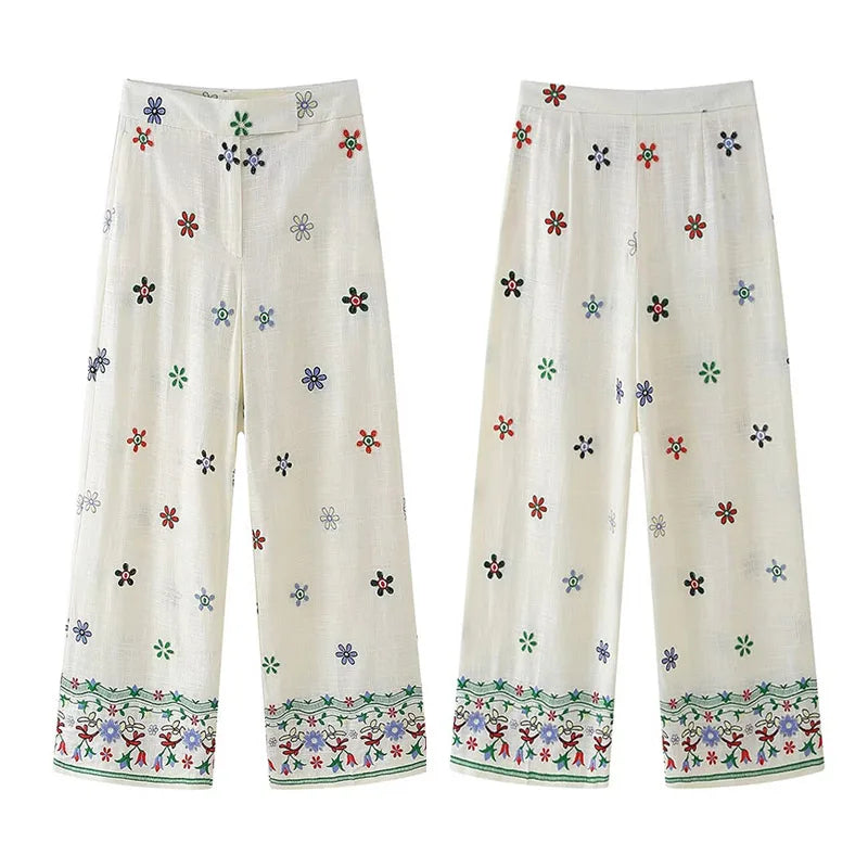 Conjunto Feminino Camisa e Calça Larga com Detalhes Bordados - Francine