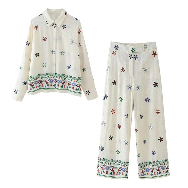 Conjunto Feminino Camisa e Calça Larga com Detalhes Bordados - Francine