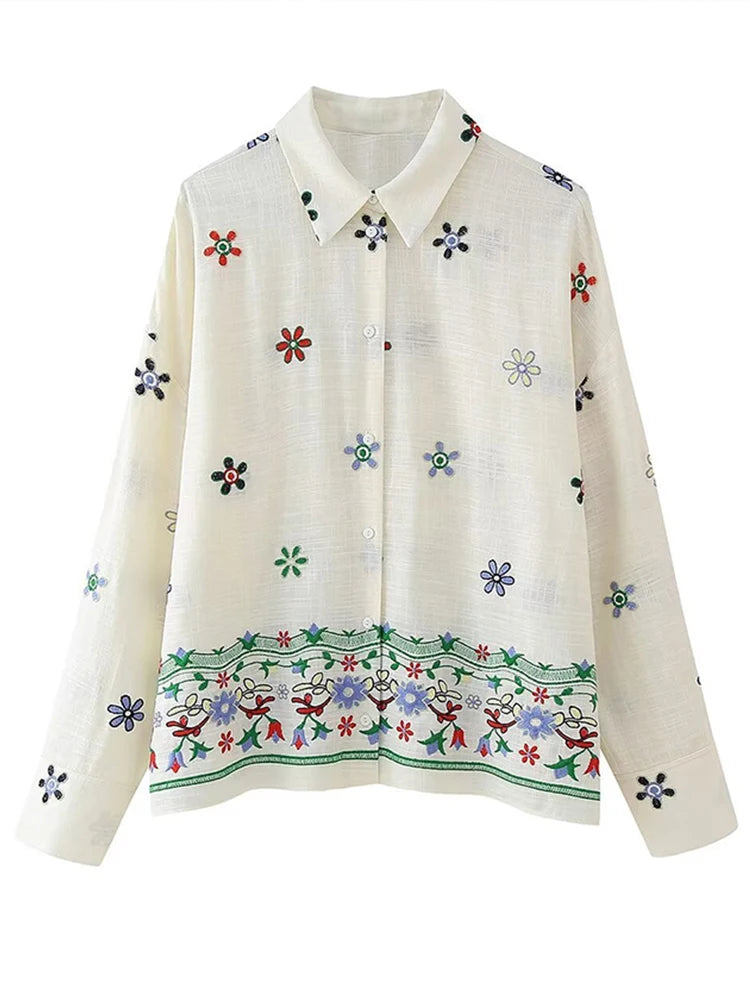 Conjunto Feminino Camisa e Calça Larga com Detalhes Bordados - Francine