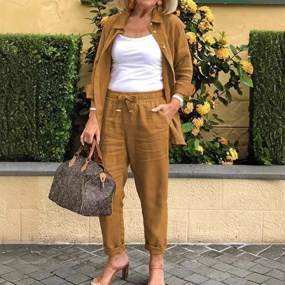Conjunto Feminino Camisa e Calça Outono Linho e Algodão - Vitoria