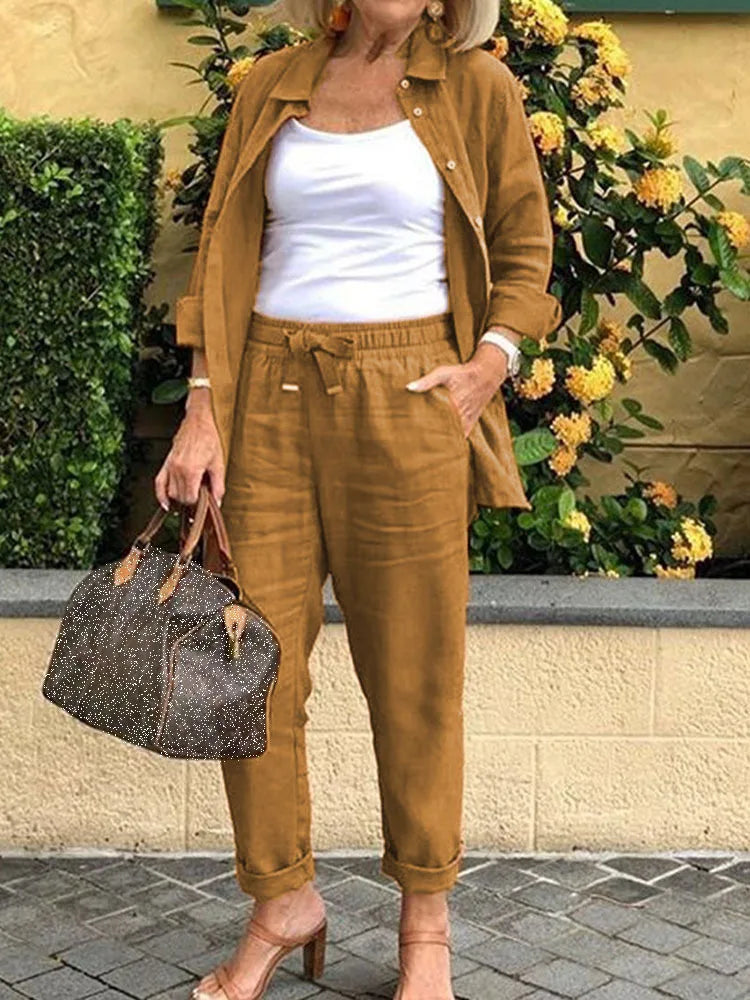 Conjunto Feminino Camisa e Calça Outono Linho e Algodão - Vitoria