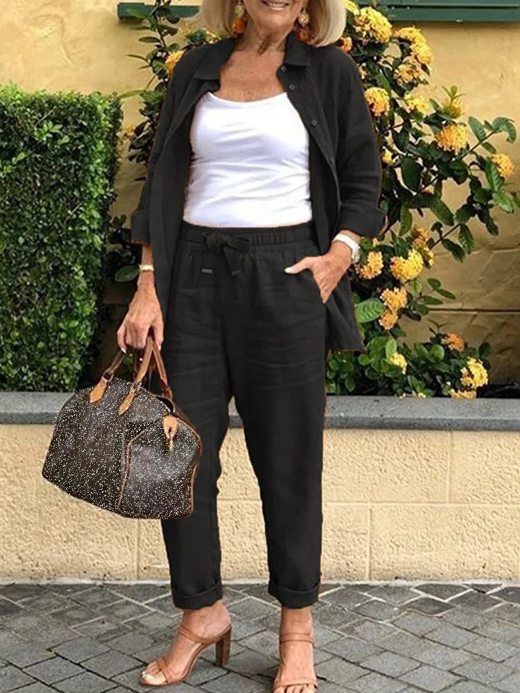 Conjunto Feminino Camisa e Calça Outono Linho e Algodão - Vitoria