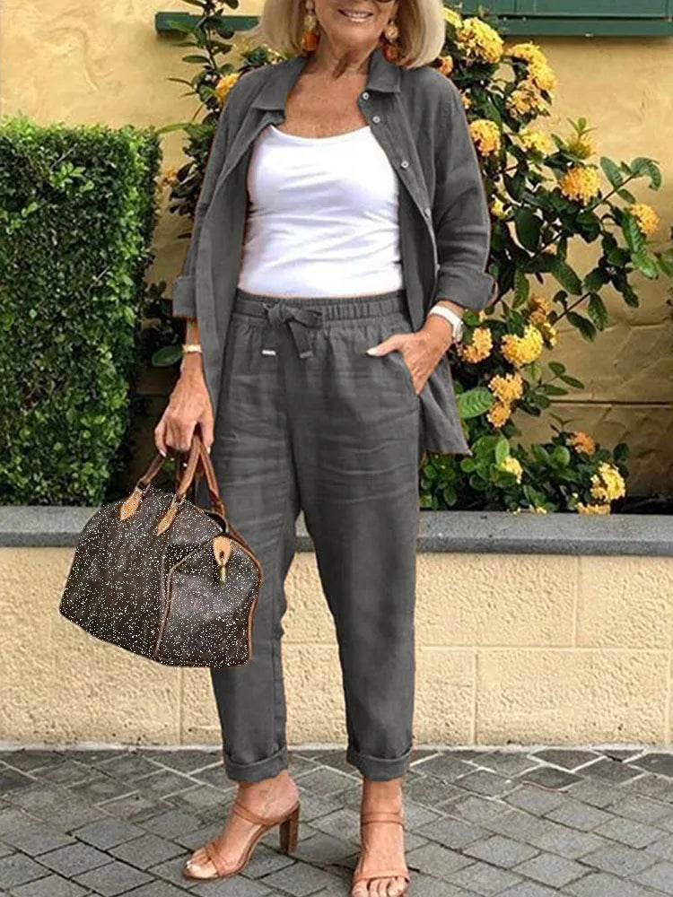 Conjunto Feminino Camisa e Calça Outono Linho e Algodão - Vitoria