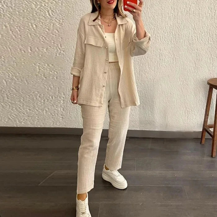  novo estilo dupla camada crepe solto ajuste plus size roupas femininas camisa de manga longa terno casual lapela saia longa conjunto
