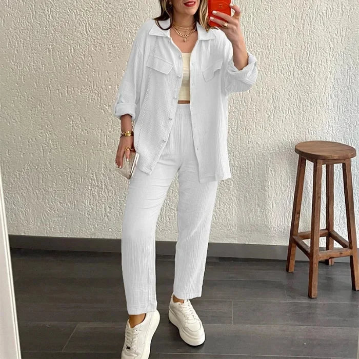 Conjunto Feminino Camisa e Calça slim  Crepe Duplo Elegante - Taciana