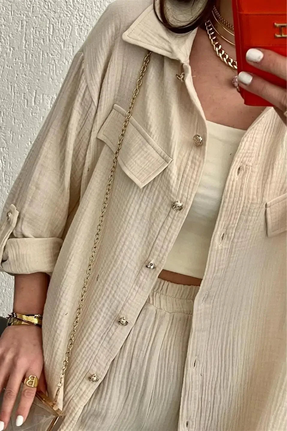 Conjunto Feminino Camisa e Calça slim  Crepe Duplo Elegante - Taciana