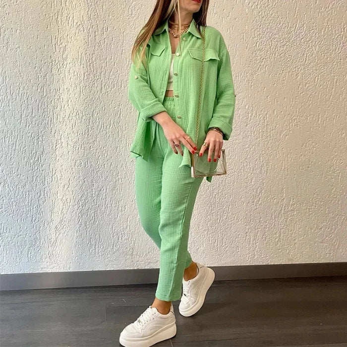 Conjunto Feminino Camisa e Calça slim  Crepe Duplo Elegante - Taciana