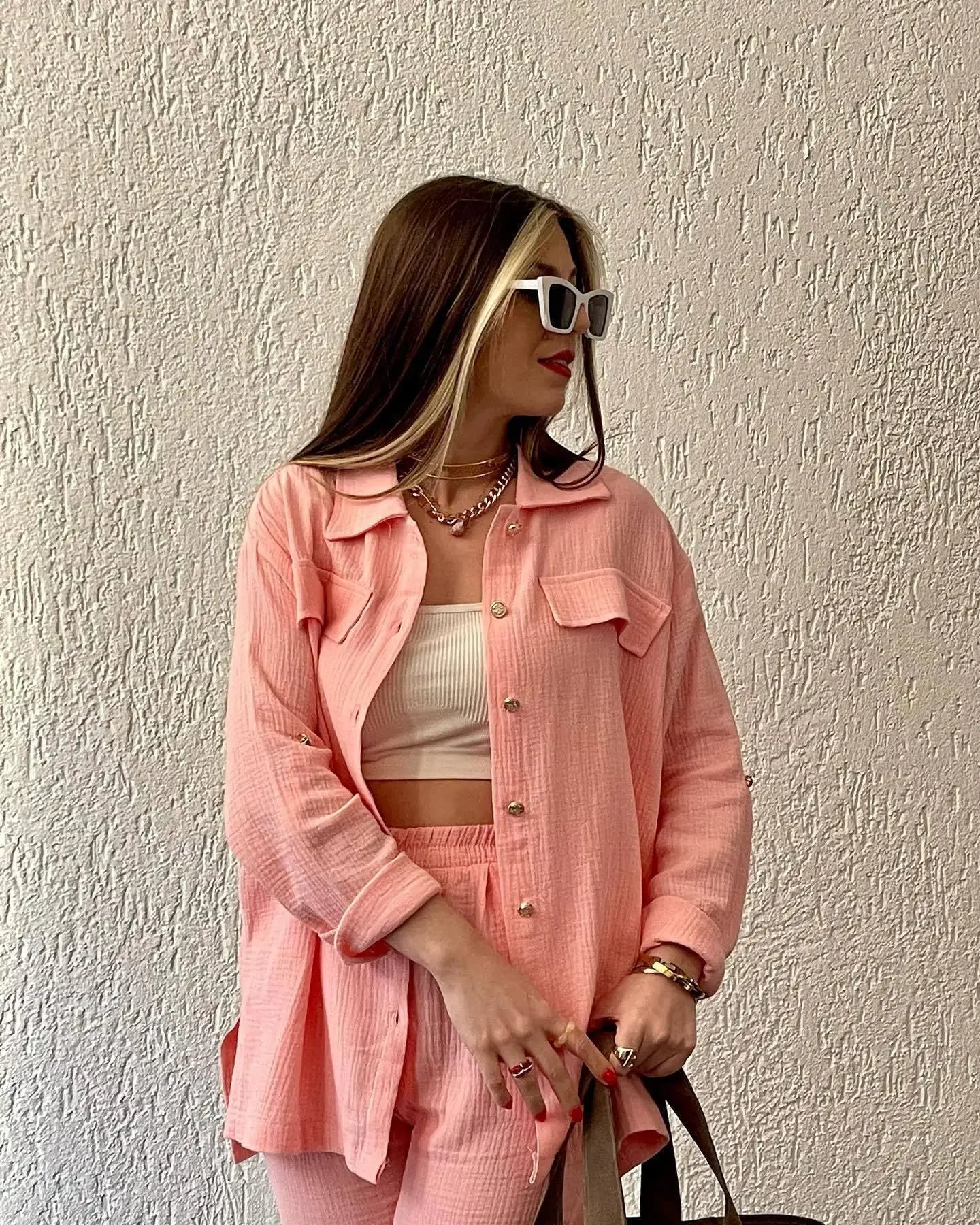 Conjunto Feminino Camisa e Calça slim  Crepe Duplo Elegante - Taciana