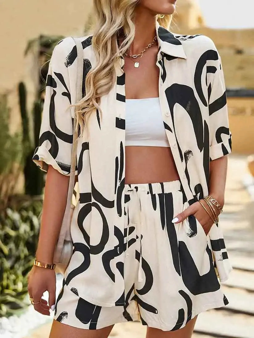 Conjunto Feminino Camisa e Shorts Estampa Digital Geométrica - Jessica Alba