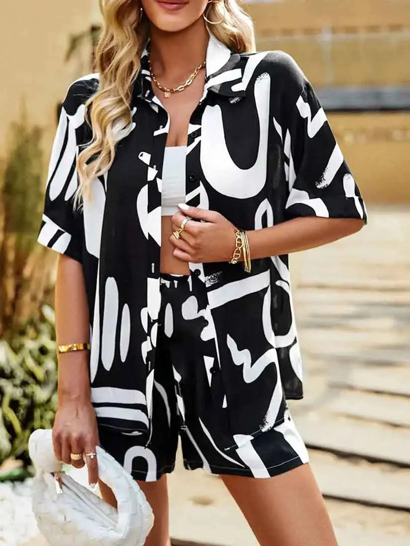 Conjunto Feminino Camisa e Shorts Estampa Digital Geométrica - Jessica Alba