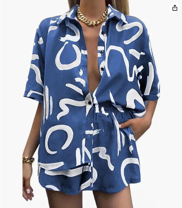 Conjunto Feminino Camisa e Shorts Estampa Digital Geométrica - Jessica Alba