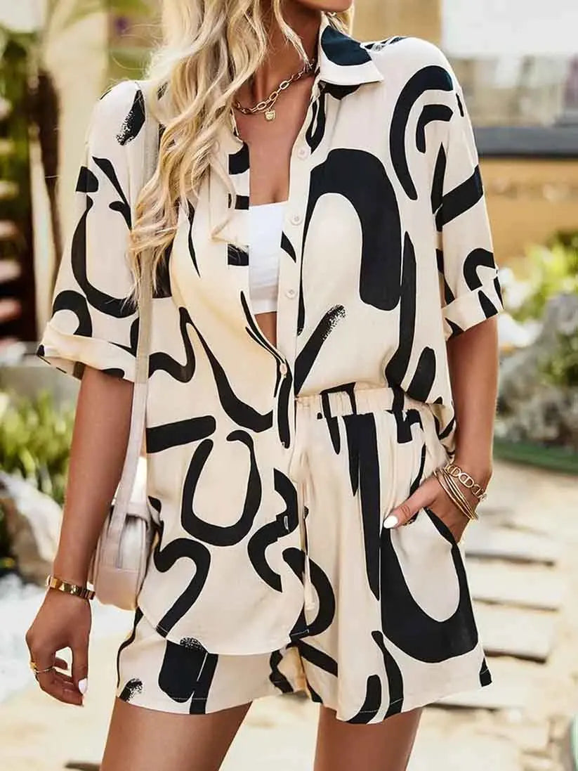 Conjunto Feminino Camisa e Shorts Estampa Digital Geométrica - Jessica Alba