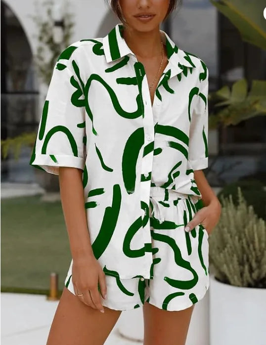 Conjunto Feminino Camisa e Shorts Estampa Digital Geométrica - Jessica Alba