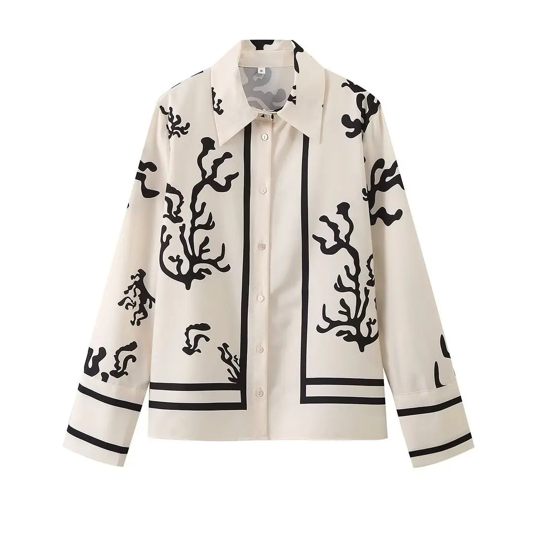 Blusa de manga comprida e calça de perna larga feminina, terno estampado feminino, lapela casual, moda de deslocamento suave, primavera e verão, 2022