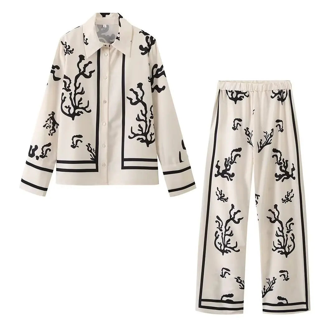 Blusa de manga comprida e calça de perna larga feminina, terno estampado feminino, lapela casual, moda de deslocamento suave, primavera e verão, 2022