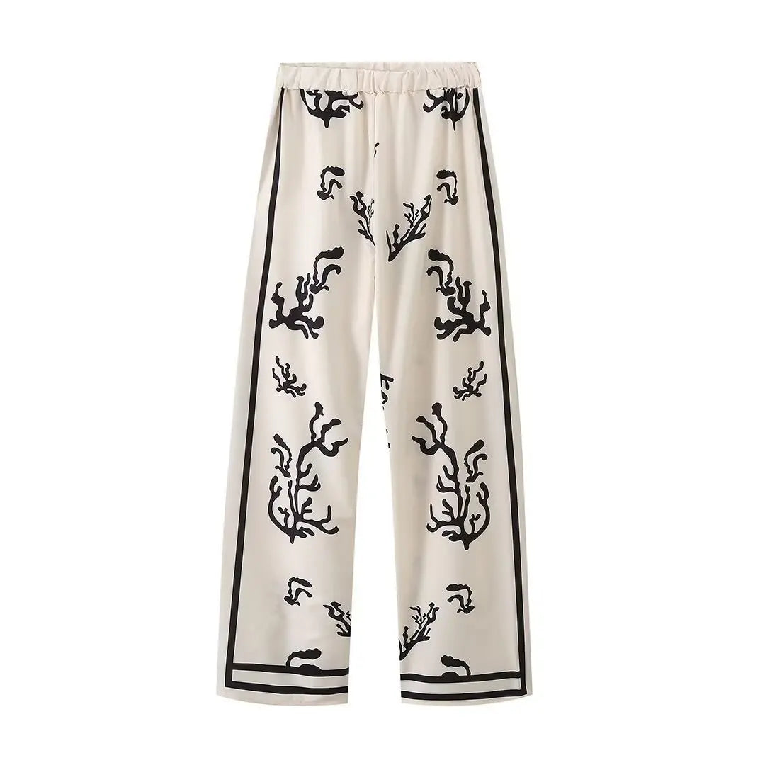 Blusa de manga comprida e calça de perna larga feminina, terno estampado feminino, lapela casual, moda de deslocamento suave, primavera e verão, 2022