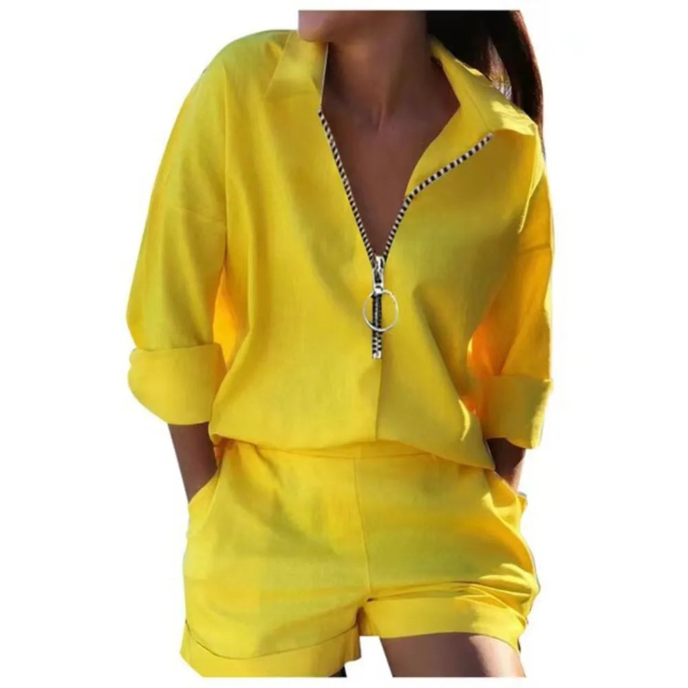 conjunto feminino camisa e short amarelo