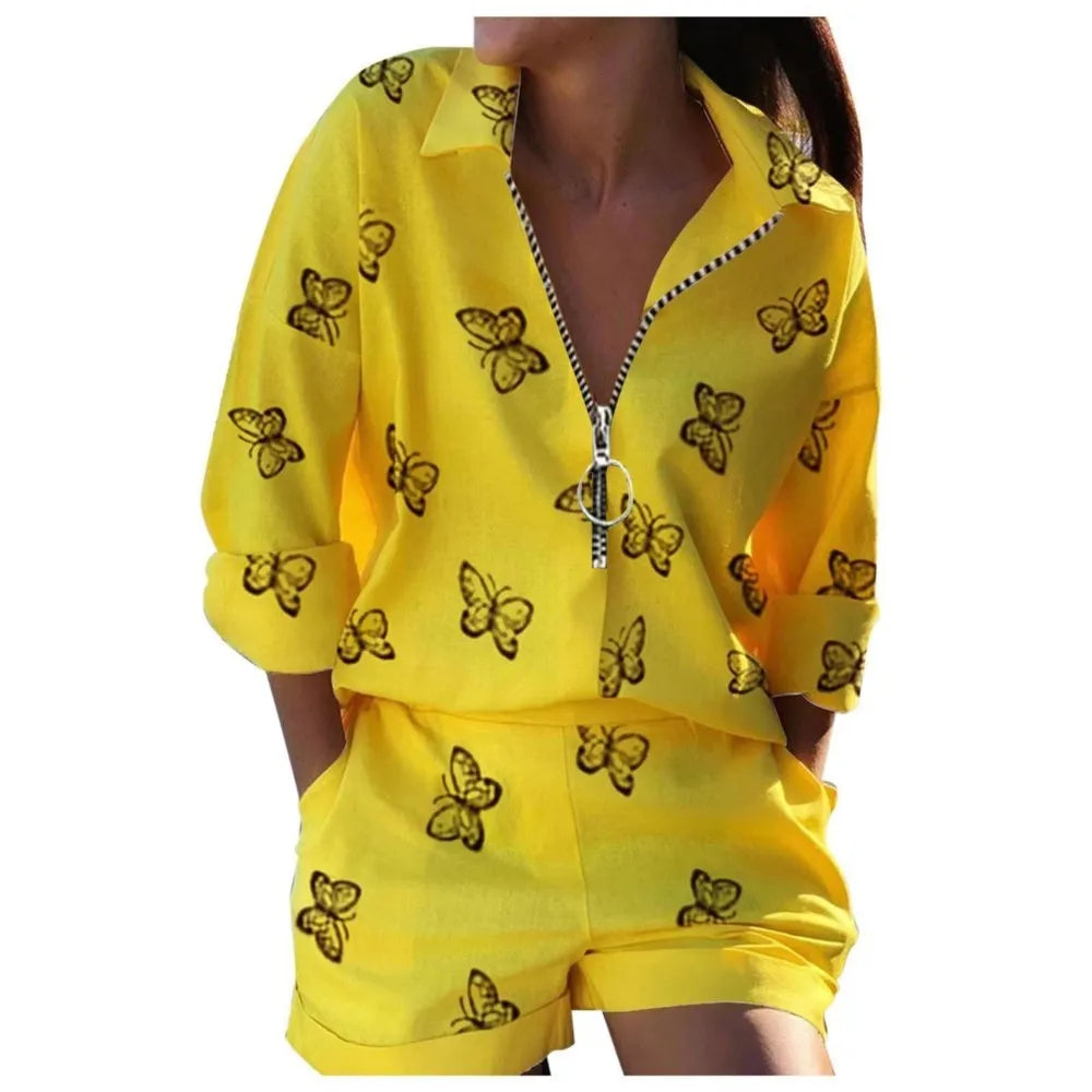 conjunto feminino short camisa estampa digital amarelo