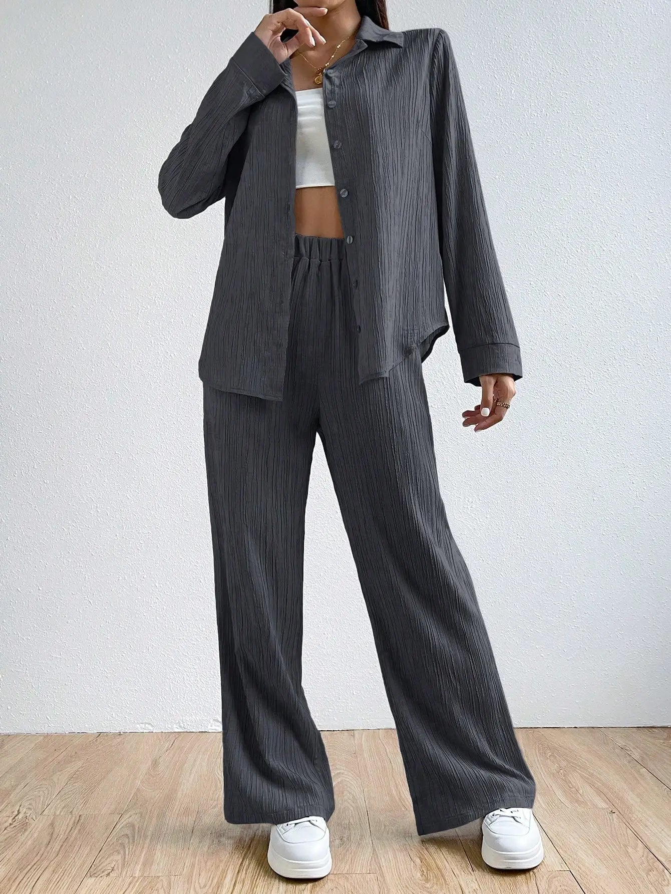 Camisa feminina vintage de duas peças, cor sólida, manga comprida, botão, casual, solta, perna reta, calça