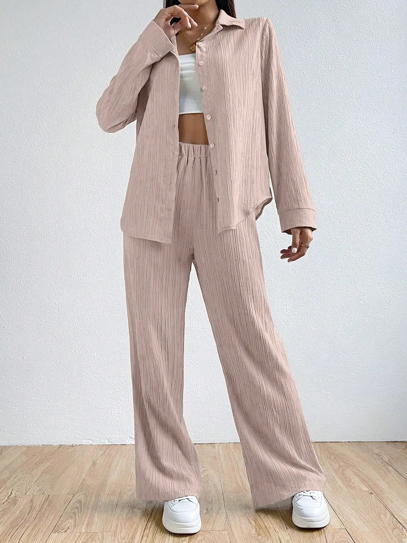 Camisa feminina vintage de duas peças, cor sólida, manga comprida, botão, casual, solta, perna reta, calça