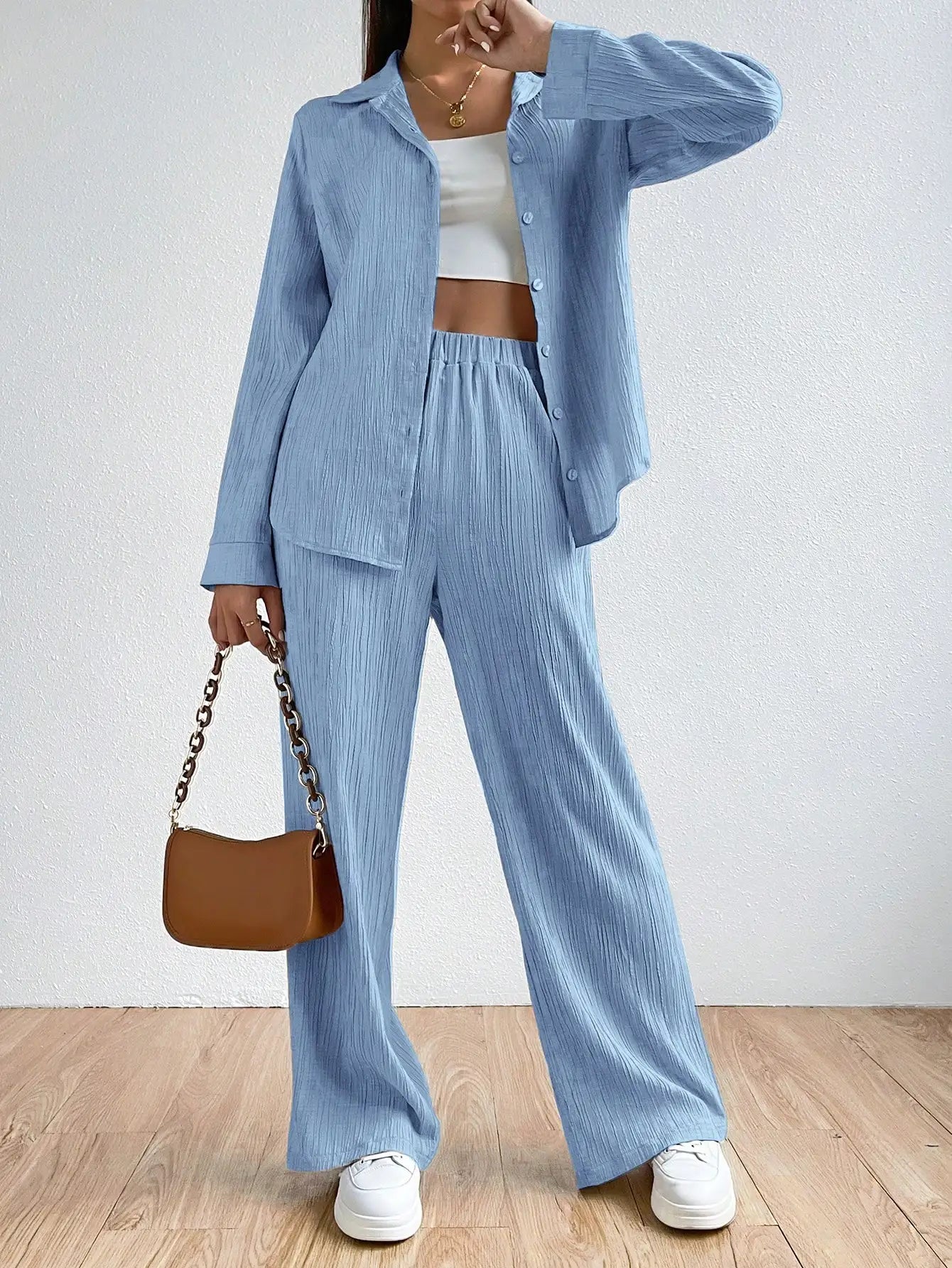 Camisa feminina vintage de duas peças, cor sólida, manga comprida, botão, casual, solta, perna reta, calça