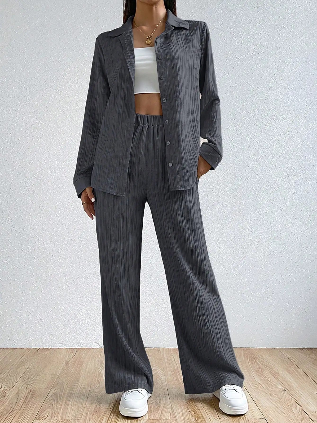 Camisa feminina vintage de duas peças, cor sólida, manga comprida, botão, casual, solta, perna reta, calça