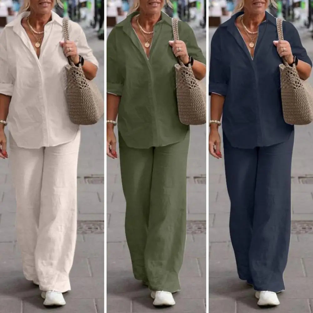Conjunto Feminino de Camisa e Calça Solta Linho e Algodão Casual - Plus Size - Irís