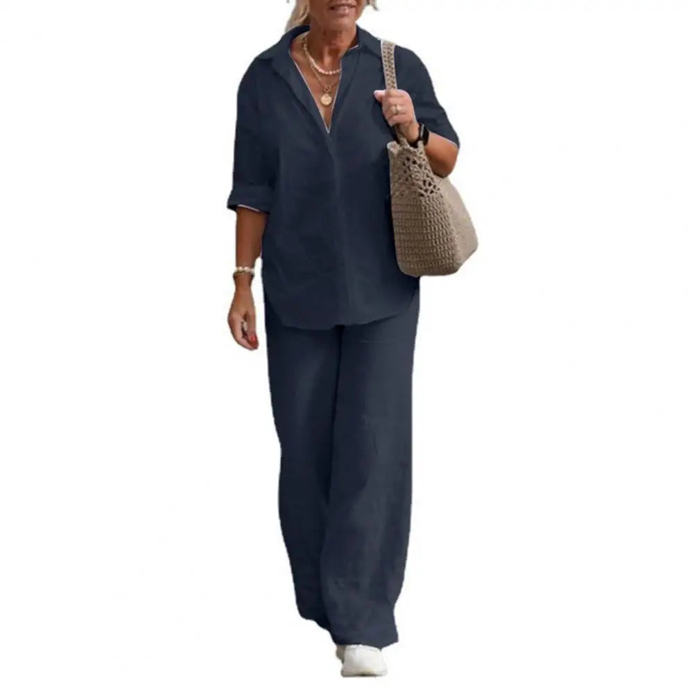 Conjunto Feminino de Camisa e Calça Solta Linho e Algodão Casual - Plus Size - Irís