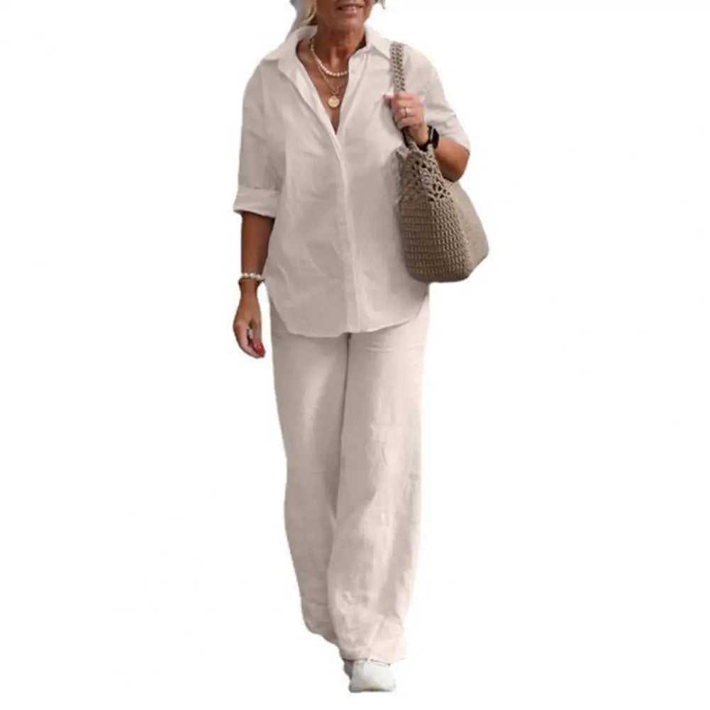 Conjunto Feminino de Camisa e Calça Solta Linho e Algodão Casual - Plus Size - Irís