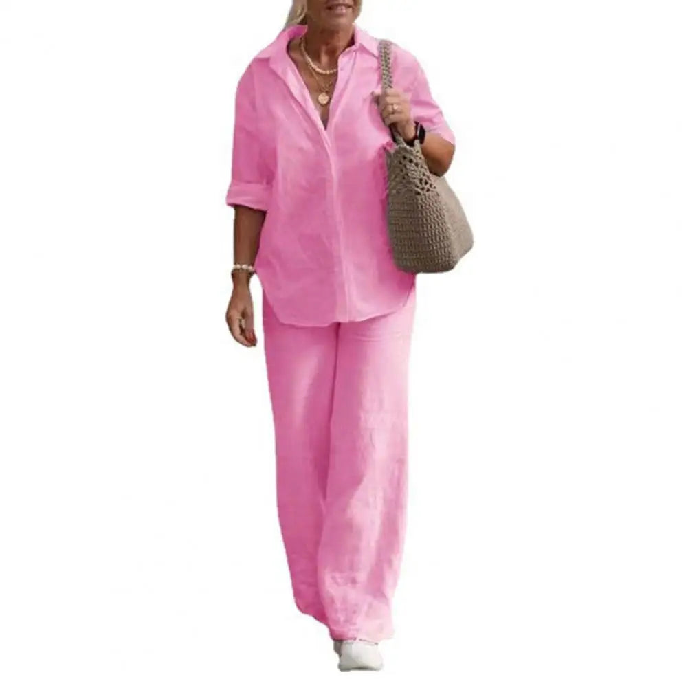 Conjunto Feminino de Camisa e Calça Solta Linho e Algodão Casual - Plus Size - Irís