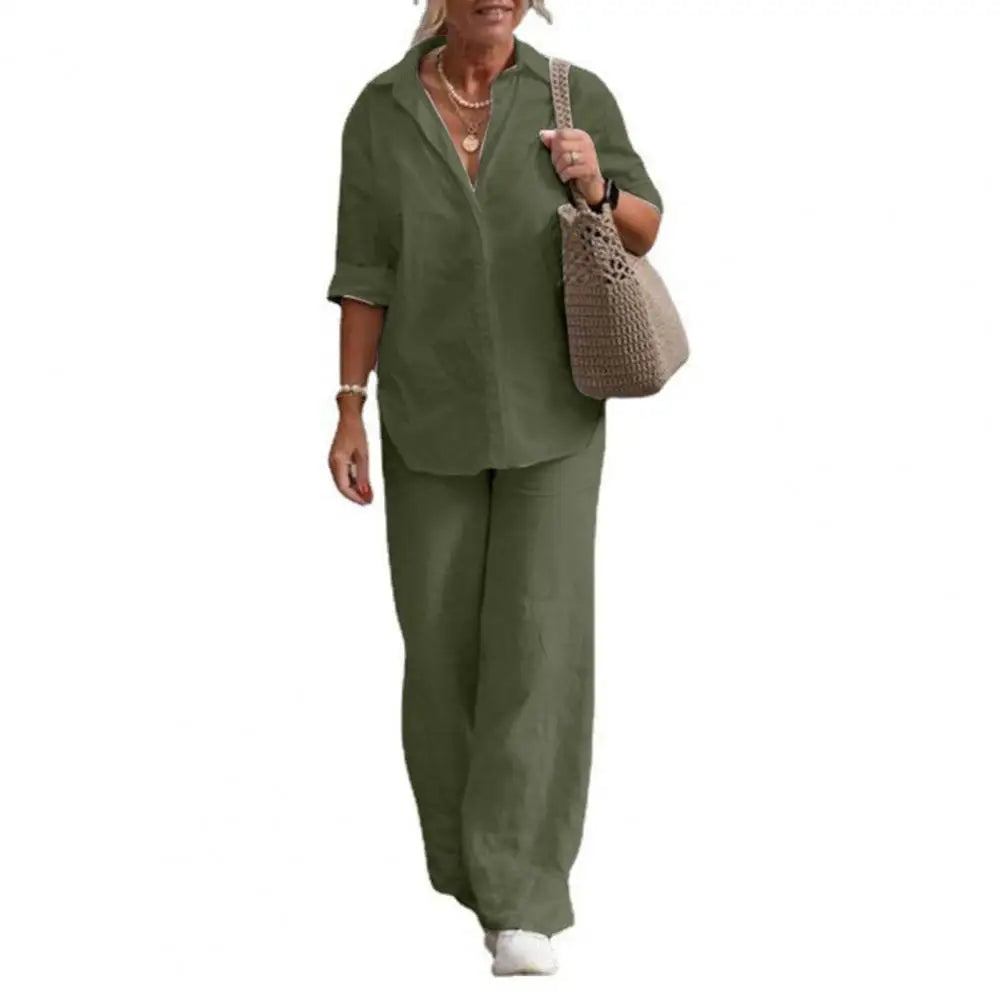 Conjunto Feminino de Camisa e Calça Solta Linho e Algodão Casual - Plus Size - Irís