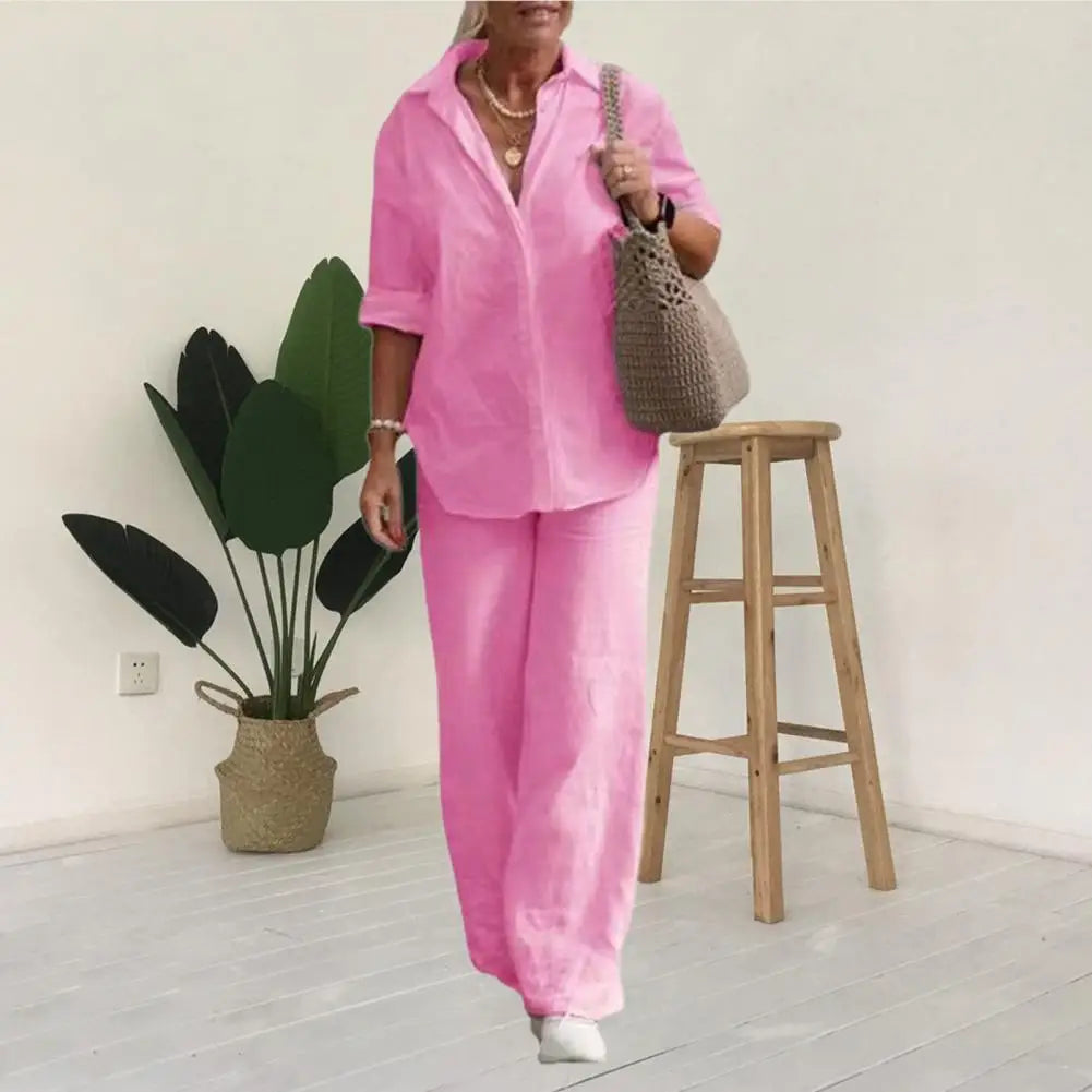 Conjunto Feminino de Camisa e Calça Solta Linho e Algodão Casual - Plus Size - Irís