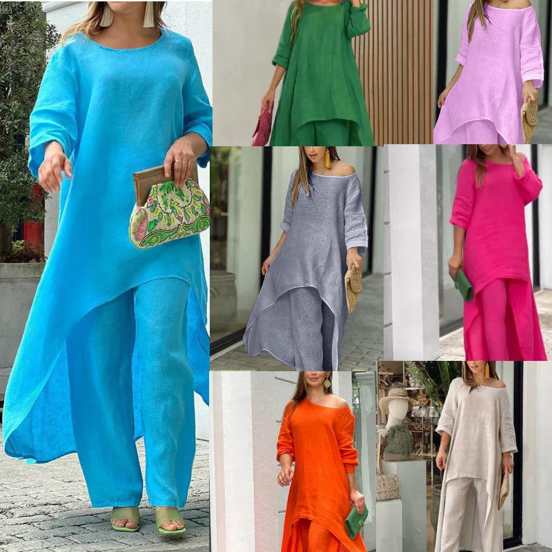 Conjuntos de calças compridas de linho de algodão feminino moda sólida casual irregular topos perna larga calça ternos senhora do escritório conjuntos de duas peças roupas