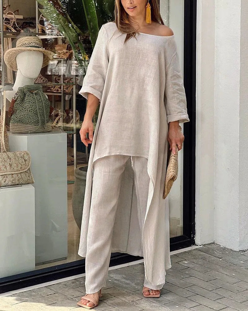 Conjuntos de calças compridas de linho de algodão feminino moda sólida casual irregular topos perna larga calça ternos senhora do escritório conjuntos de duas peças roupas