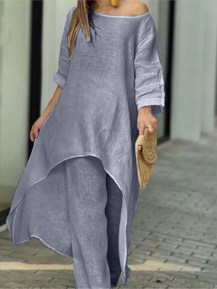 Conjuntos de calças compridas de linho de algodão feminino moda sólida casual irregular topos perna larga calça ternos senhora do escritório conjuntos de duas peças roupas