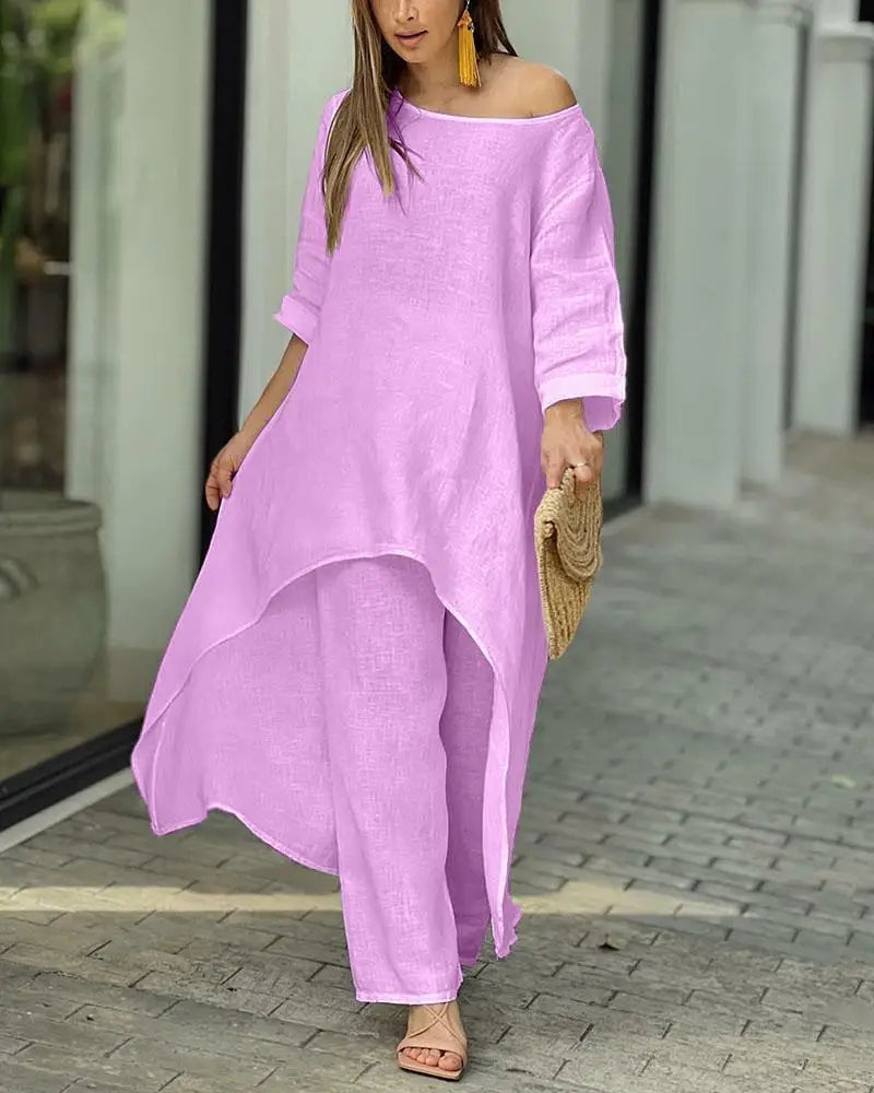 Conjuntos de calças compridas de linho de algodão feminino moda sólida casual irregular topos perna larga calça ternos senhora do escritório conjuntos de duas peças roupas