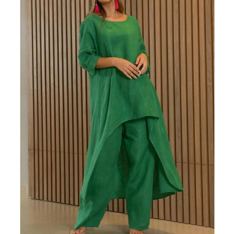 Conjuntos de calças compridas de linho de algodão feminino moda sólida casual irregular topos perna larga calça ternos senhora do escritório conjuntos de duas peças roupas
